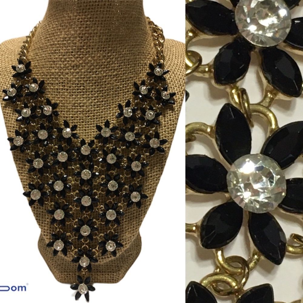 Black and Gold tone Floral bib statement necklace